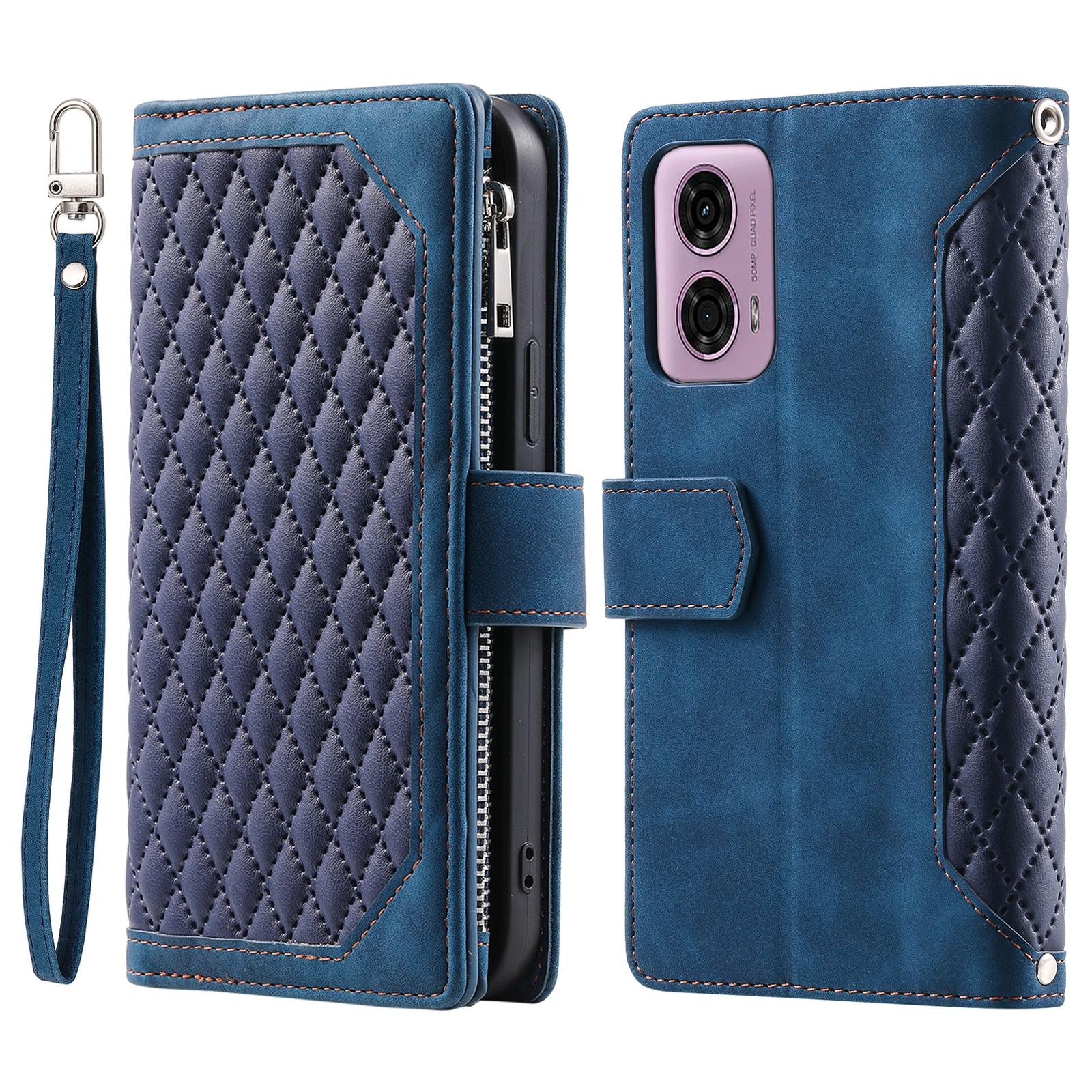 

For Motorola Moto E14 4G/G04 4G/G04s 4G/G24 4G Case PU Leather Card Holder Zipper Pocket Phone Cover Blue