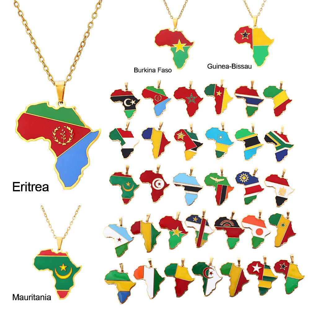 Edelstahl Afrikanische Karte Halskette: Elfenbeinküste, Ruanda, Ägypten, Uganda