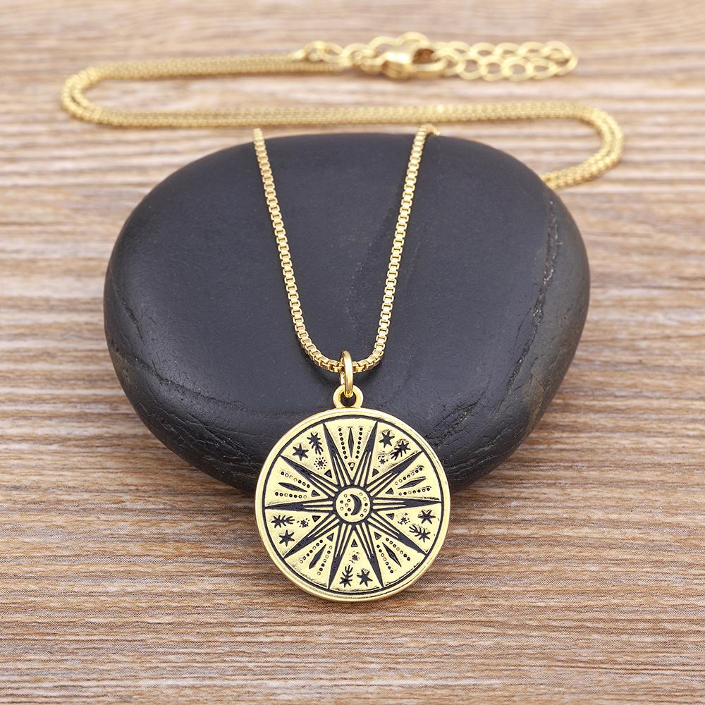 New Design Punk Style Sun Totem Inlaid Moon Shape Pendant Necklace Copper Zircon Women's Simple Personalized Jewelry Lucky Gifts