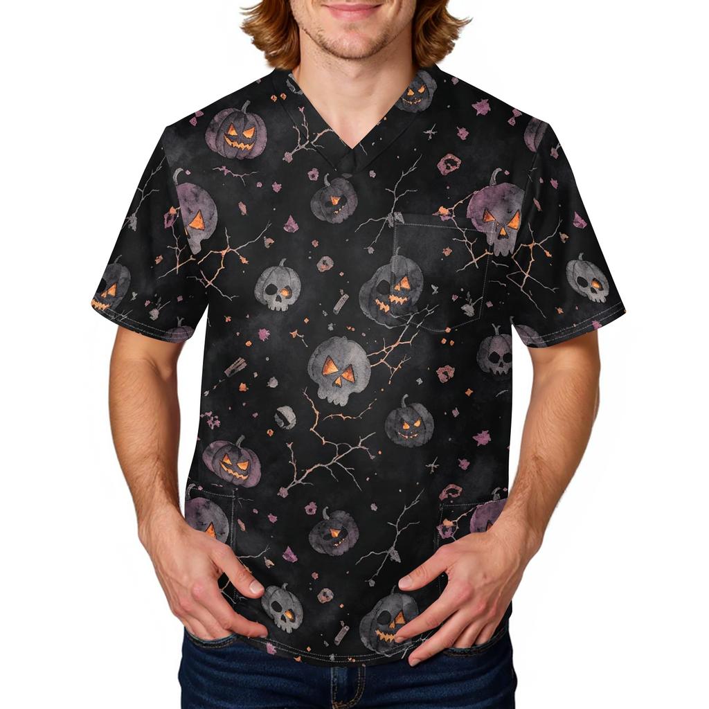 Men's Halloween Print Medical Scrub Top V Neck Tie Pocket Comfortable Fit Workwear for Healthcare Professionals Daily Use