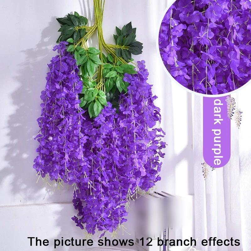 12pcs Fashion Wisteria Artificial Flowers Vine Wreath Wedding Arch Decoration Leaf Rattan Trailing Silk Flower Ivy Wall Decor