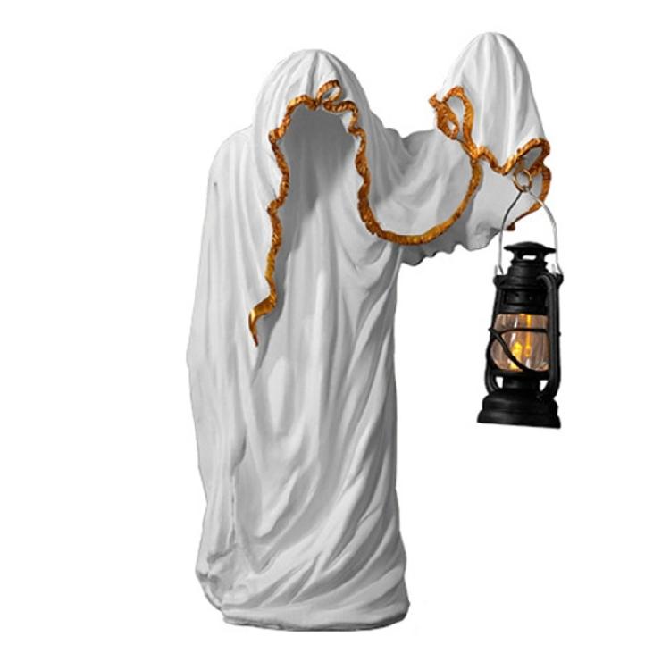 Halloween Wizard Holding Lanterns Sculpture with Intricate Carving Weather Resistant Resins Ornament For Mystical Displays