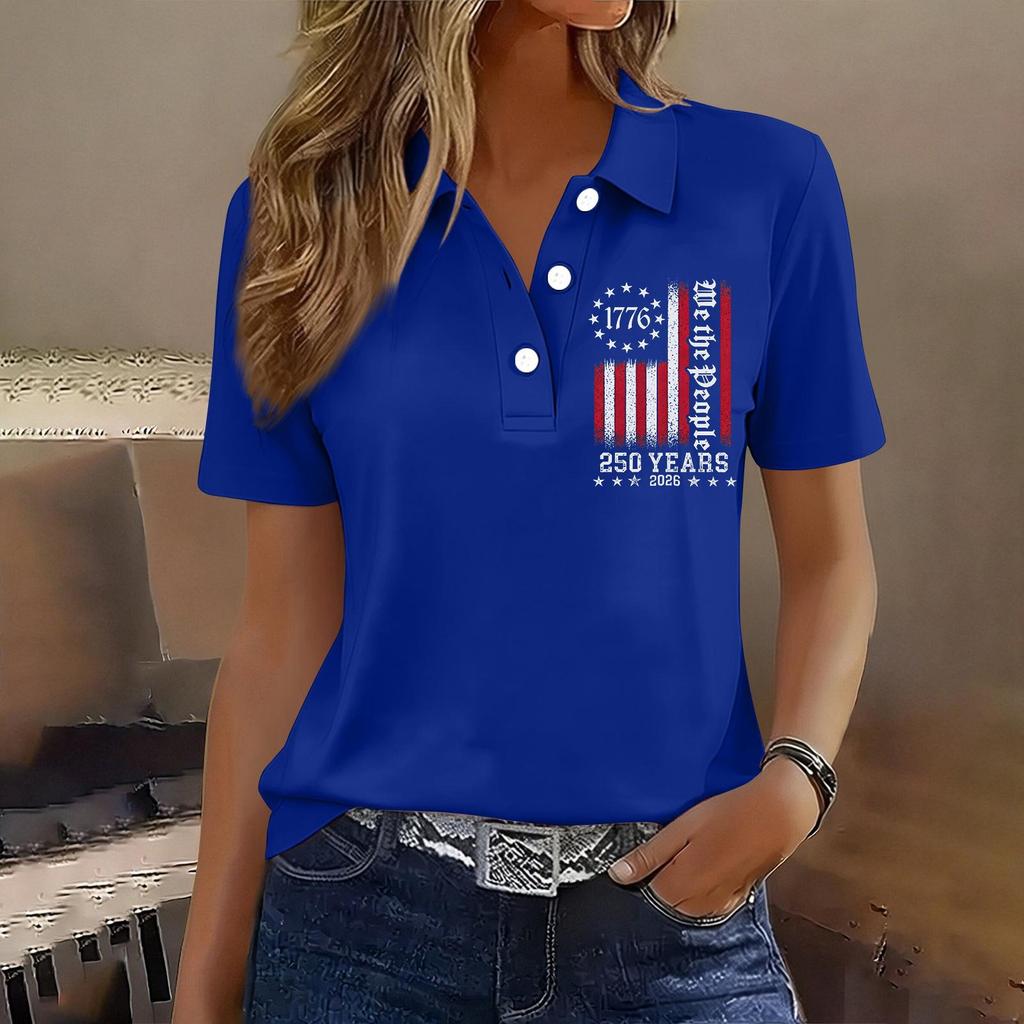 Damen Casual Knopf Kurzarm Poloshirt 250. Jubiläum Aufdruck Oberteil Unabhängigkeitstag Stil Leichtes Weiches Gewebe