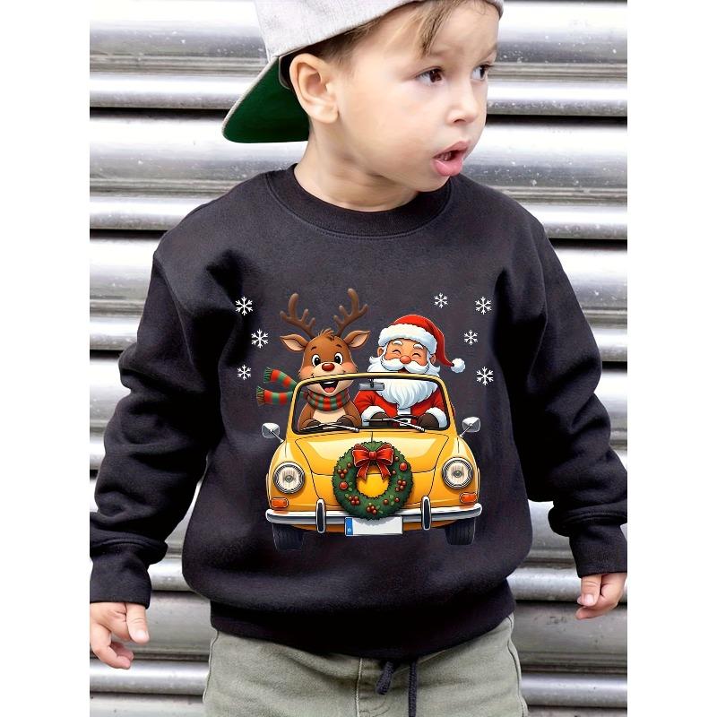 Christmas Autumn/Winter Fashion -Lined Sweatshirt with Santa Claus Driving a Car and Reindeer Cartoon Print, Loose Fit Casual Long-Sleeve Pullover