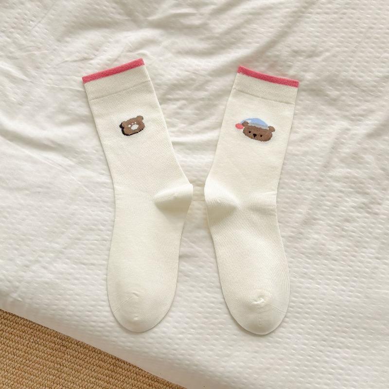 Pure Cotton Women's Autumn and Winter Gentle Color-blocking Cartoon Pile Socks, Cute Style, Versatile AB Style Mid-calf Socks