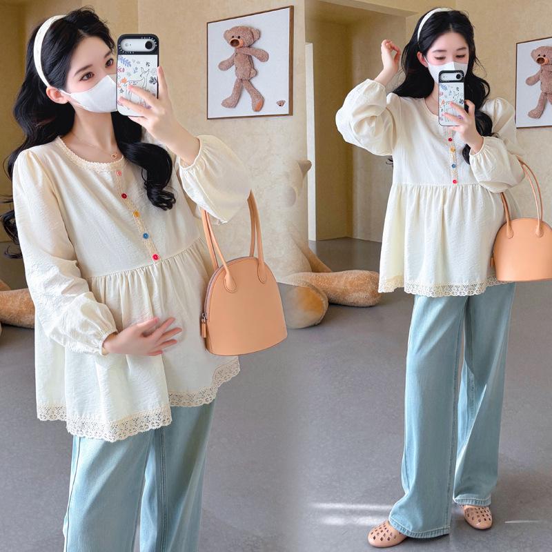 2026 Spring Korean Maternity Lace Patchwork Doll Top 2XL