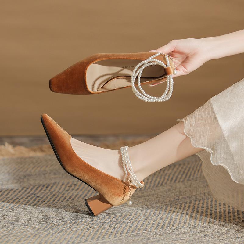 Elegant Square Head Light Mouth Single Shoes Women's Autumn and Winter New Retro Dark Green Pearl Word with Stiletto High Heels
