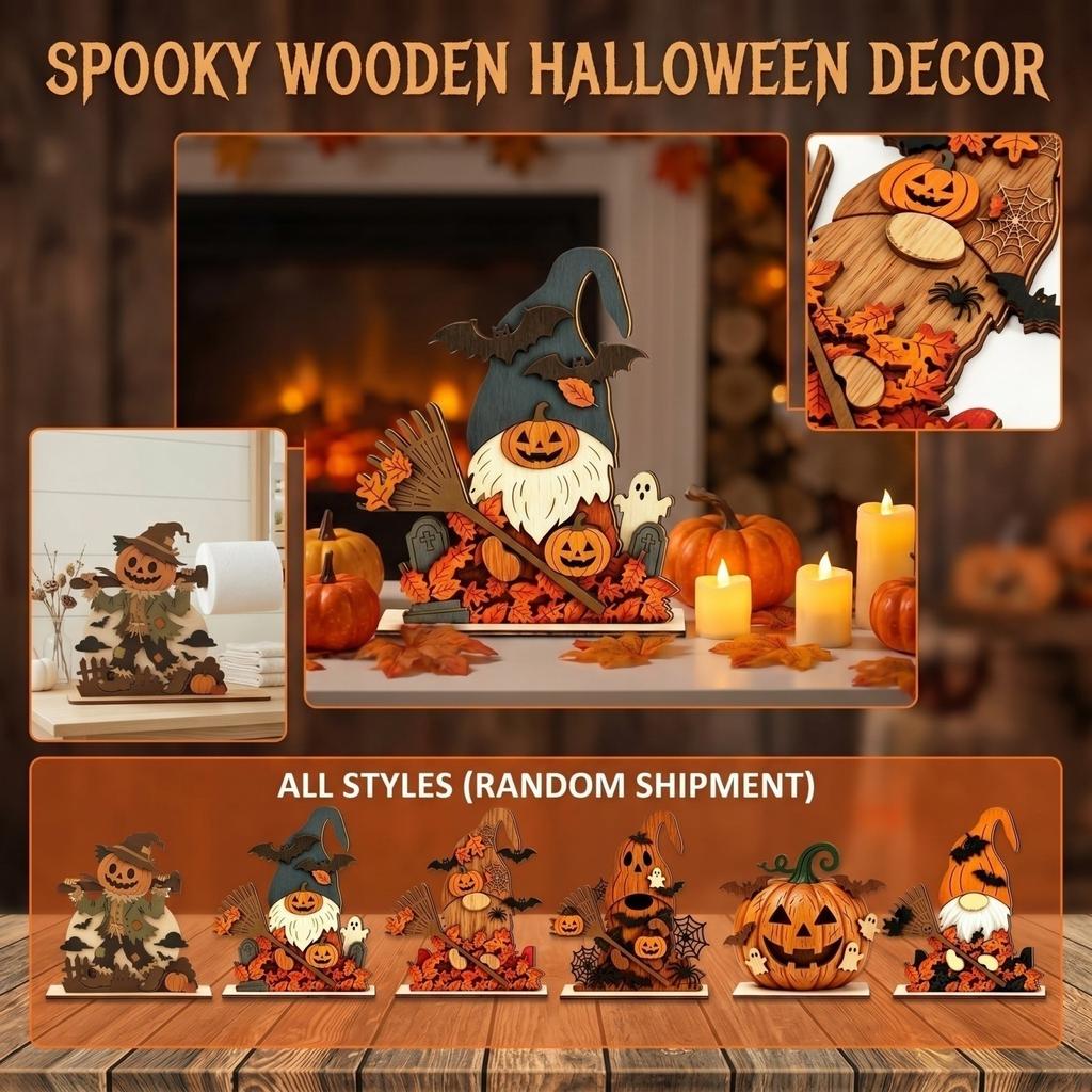 Autumn Halloween Wooden Decorative Figurines Set Random Style Seasonal Home Tabletop Decoration Indoor Outdoor Display