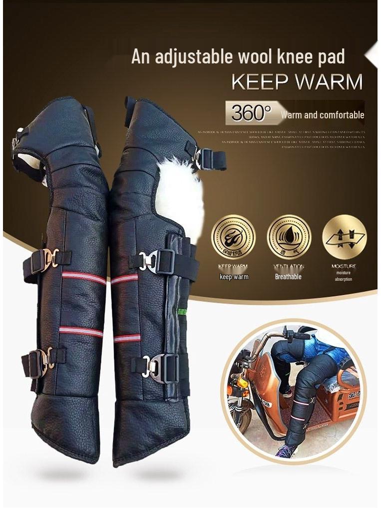 Genuine Leather Wool Knee Pads with Fleece Lining - Winter Cold Protection & Windproof for Motorcycle and Electric Scooter Riding