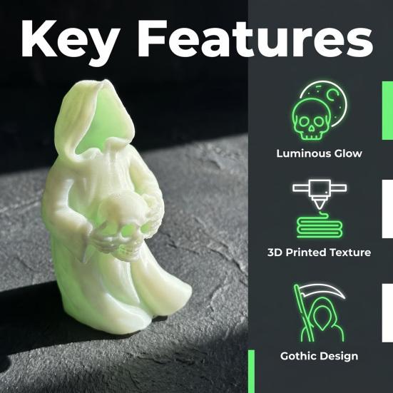 Luminous Spooky Figurine 3D Printed Glow In The Dark Skull Ornament, Gothic Hooded Ghost Statue for Halloween Desktop Decoration, Resin Party