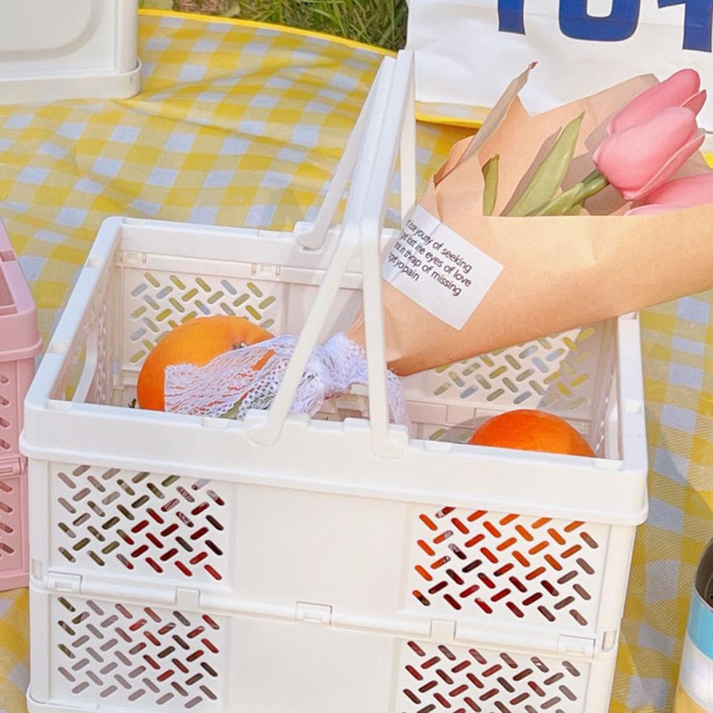 Folding Picnic Basket Stackable Storage Box Plastic Grocery Shopping Basket with Handles for
