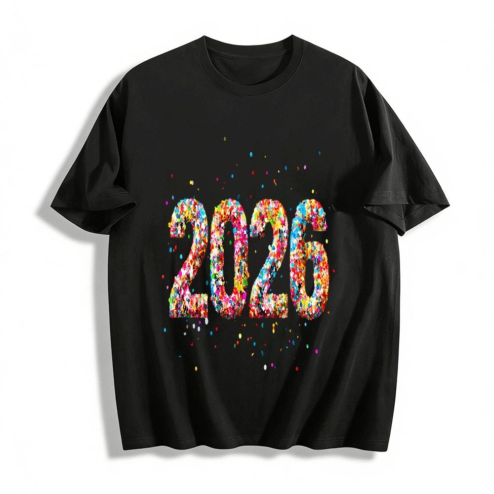 

2026 New Year Themed Colorful Print Casual Loose Fit Top Pure cotton T-shirt XXS
