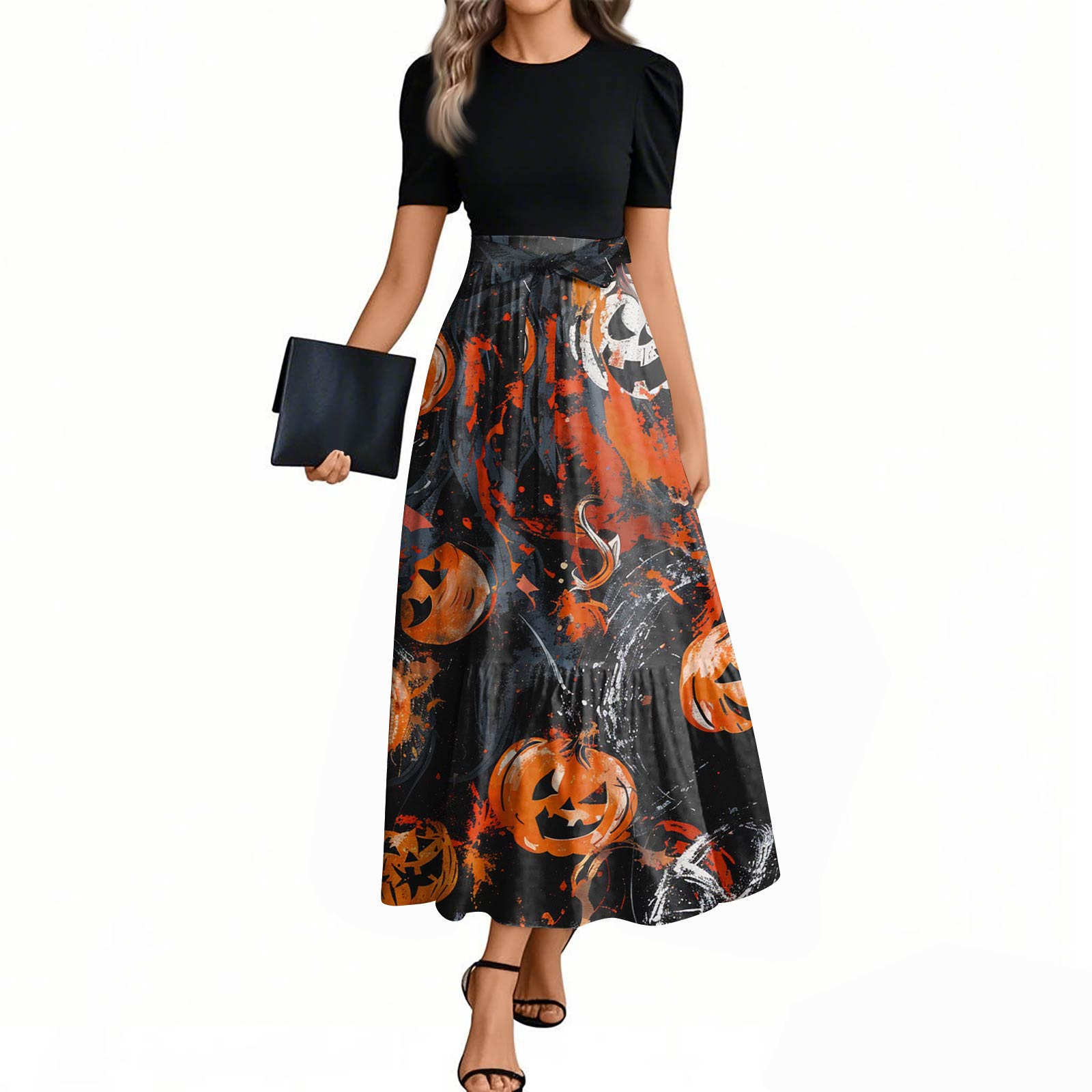 

Женское модное повседневное платье с поясом, с коротким рукавом, круглым вырезом и элегантным принтом на Хэллоуин XL чёрный