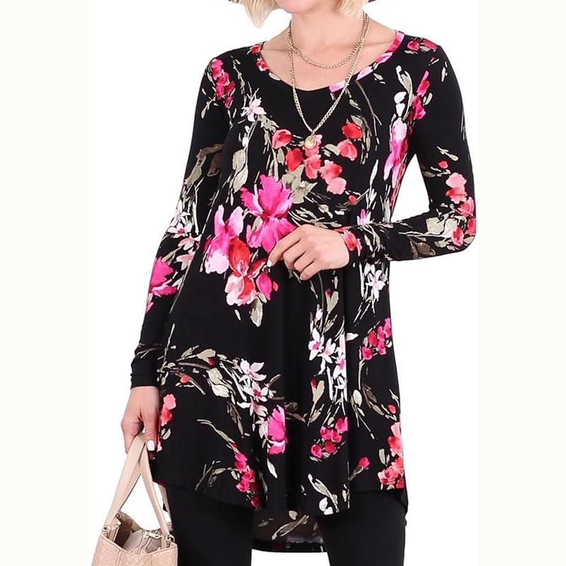 

Модный длинный рукав О-образный вырез градиентный цвет цветочный принт женский пуловер футболка блузка топ XL