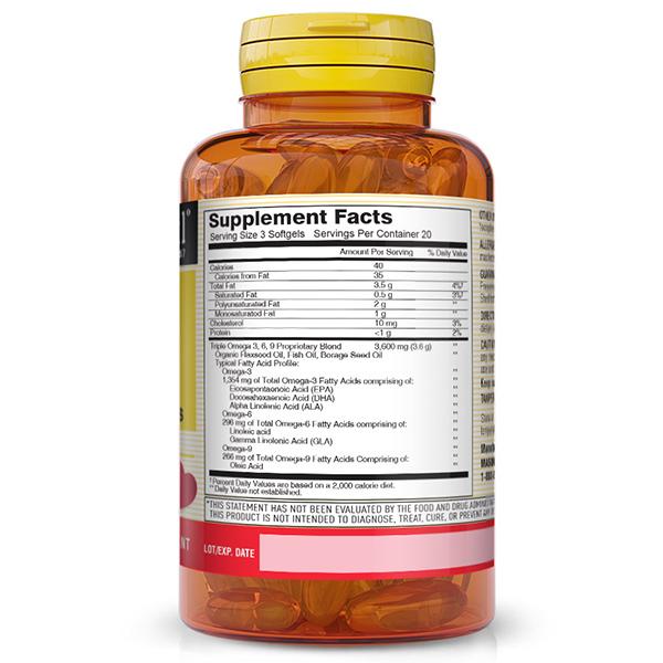 Triplo Omega 3 6 9, Omega 3-6-9 1200 Oli di Pesce, Lino e Borragine, Mason Natural 60 softgel (67529003)