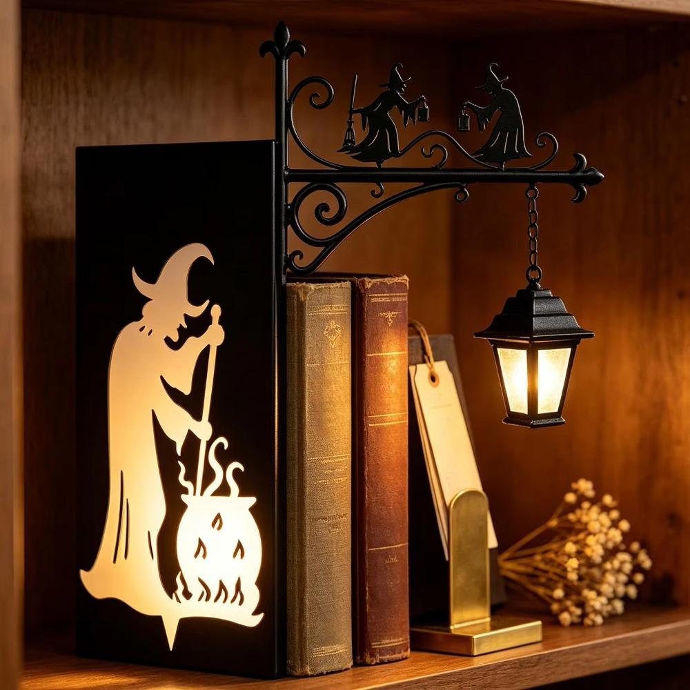 Gothic Iron Witch Bookshelf Lamp Black Metal Mini Shelf Lamp Book Nook Light for Reading Nook