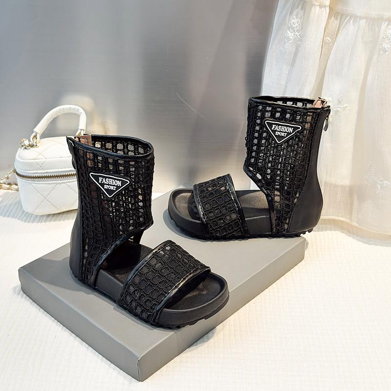 

Kids High Top Sandals for Girls 2025 Summer New Toddler Beach Roman Shoes Chic Retro Cut-outs Mesh Strap Zipper Sandals 4-6years 28 чёрный