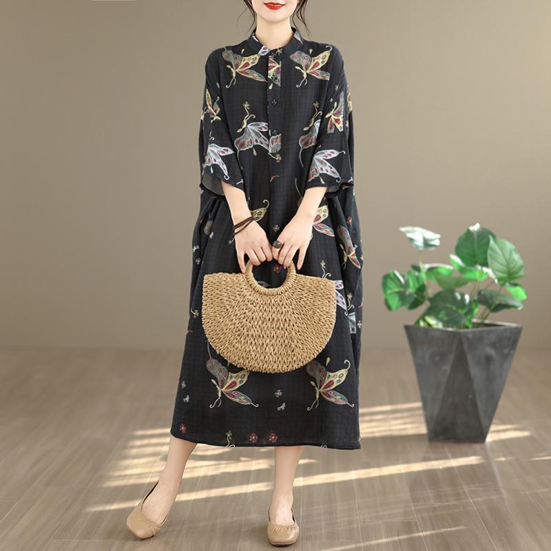 DIMANAF New 2026 Women Plus Size Spring Summer Beach Long Black Dress Vintage Lady Loose Oversize Maxi Floral Print Cotton Button
