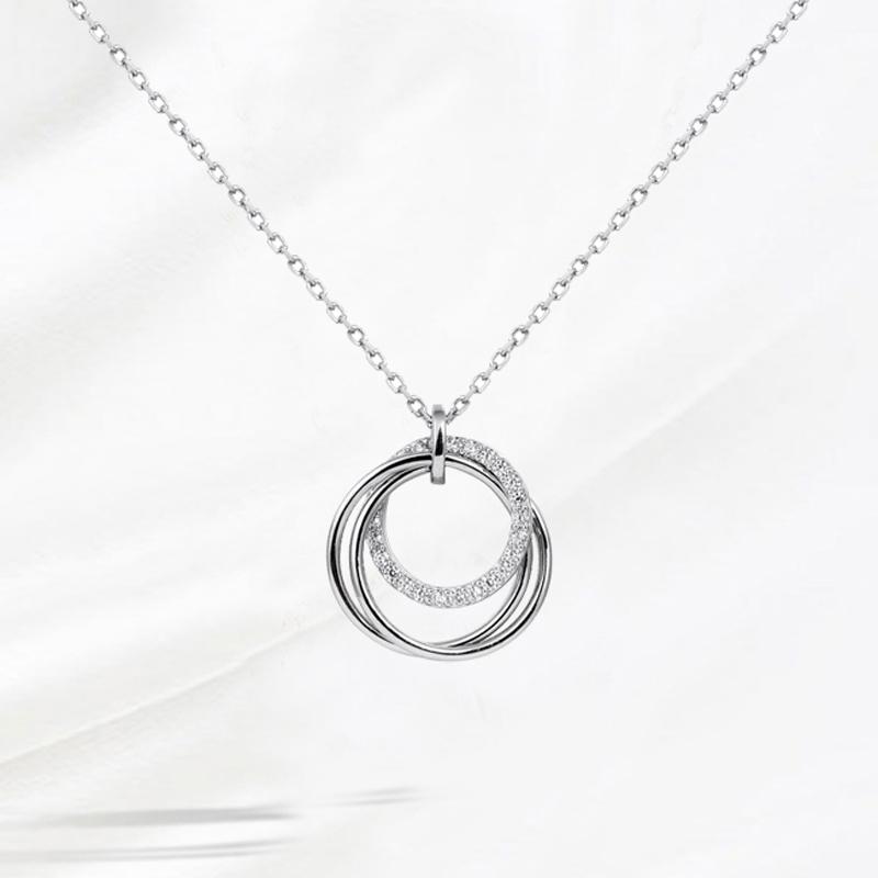 New S925 Silver Zircon Double Circle Pendant Necklace Women Minimalist Dainty Choker Chain Fine Jewelry Fashion
