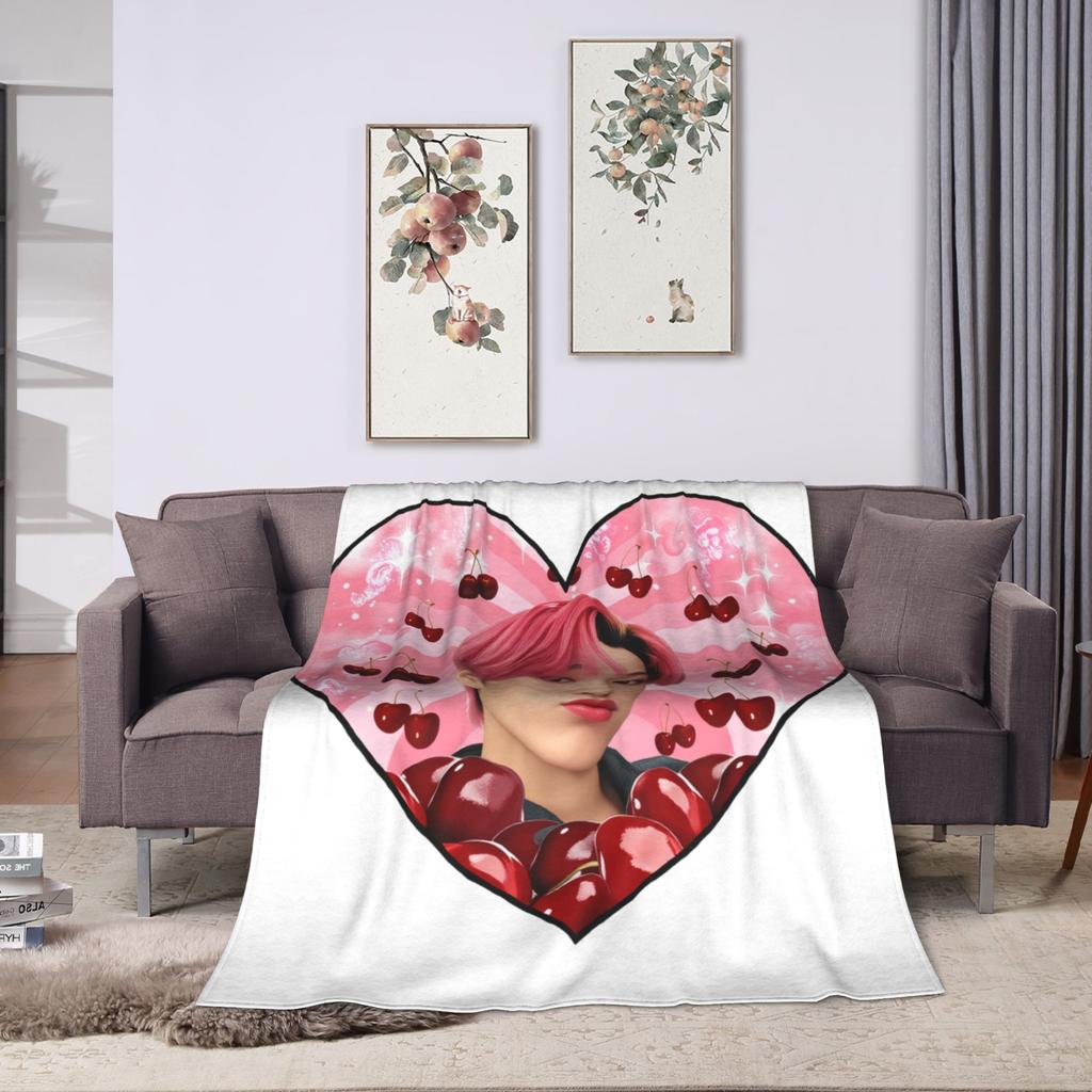 Choi San ATEEZ Cherry Blanket  Picnic Flannel Bedding Throws For Couch Chair Warm Soft Design Quality Bedspread Birthday Gift