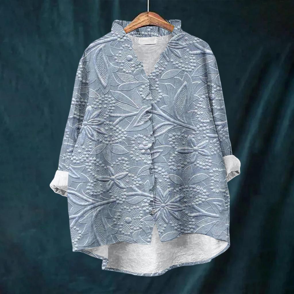Women's Loose Ruffled Floral Print Stand Collar Long Sleeve Cotton And Linen Top