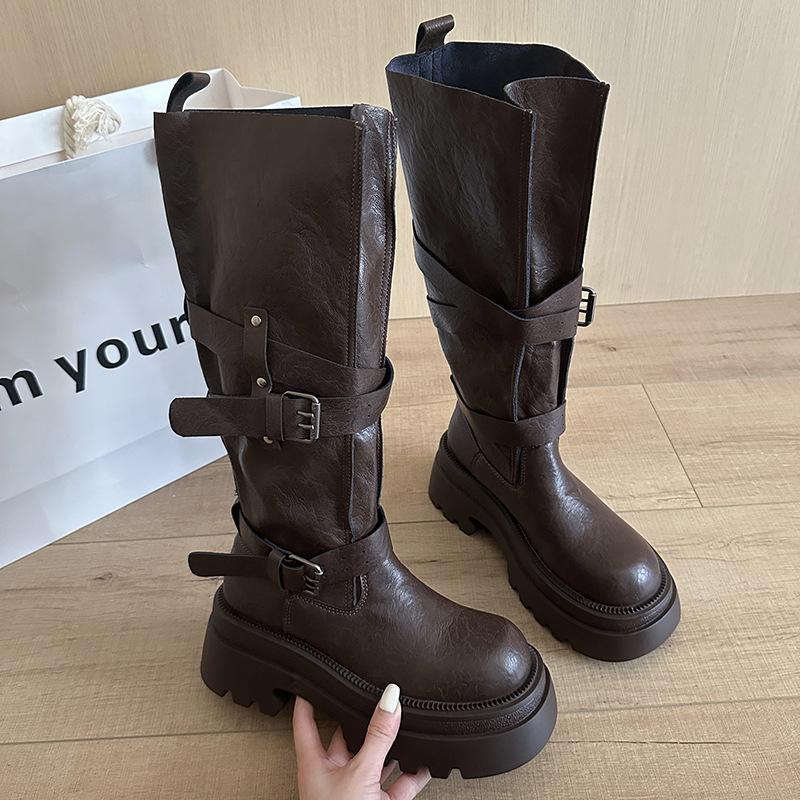 Fashion versatile retro belt buckle locomotive boots 2025 autumn new women's small thick-soled heightening knight boots