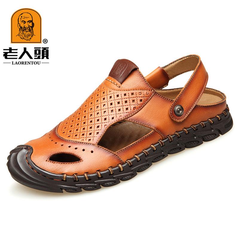 Old Man Head Leather Sandals First Layer Cowhide Beach Shoes Summer New Men's Breathable Casual Bag Head Sandals Dual-purpose