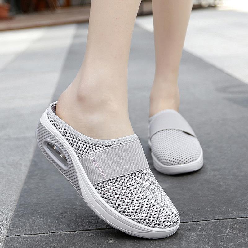 Large size ultra-light mesh breathable fly-woven shoes fashionable and casual half-drag women's shoes thick-soled air cushion one pedal