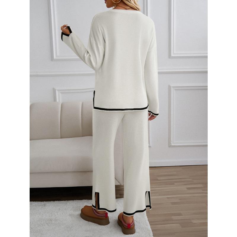 Women's Color Block Long Pants Round Neck Long Sleeve Loungewear Set