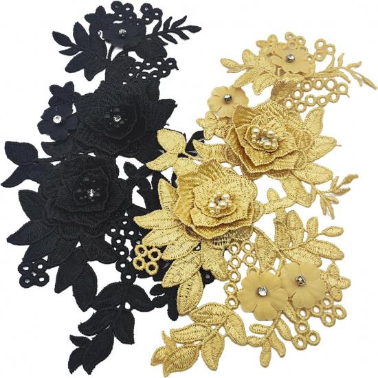 1 Pair Lace Flower Applique Beaded Rhinestones Sew On Embroidered Patches Applique Décor for Wedding Dress DIY Sewing Craft Decoration, Black 9.2 x