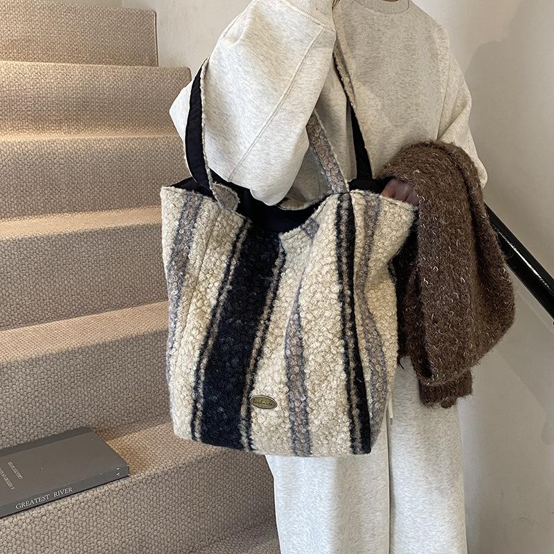 2025 New Plush Tote Bag Vertical Striped Cloth Bag British Plaid Shoulder Bag Large Capacity Double-sided Backpack