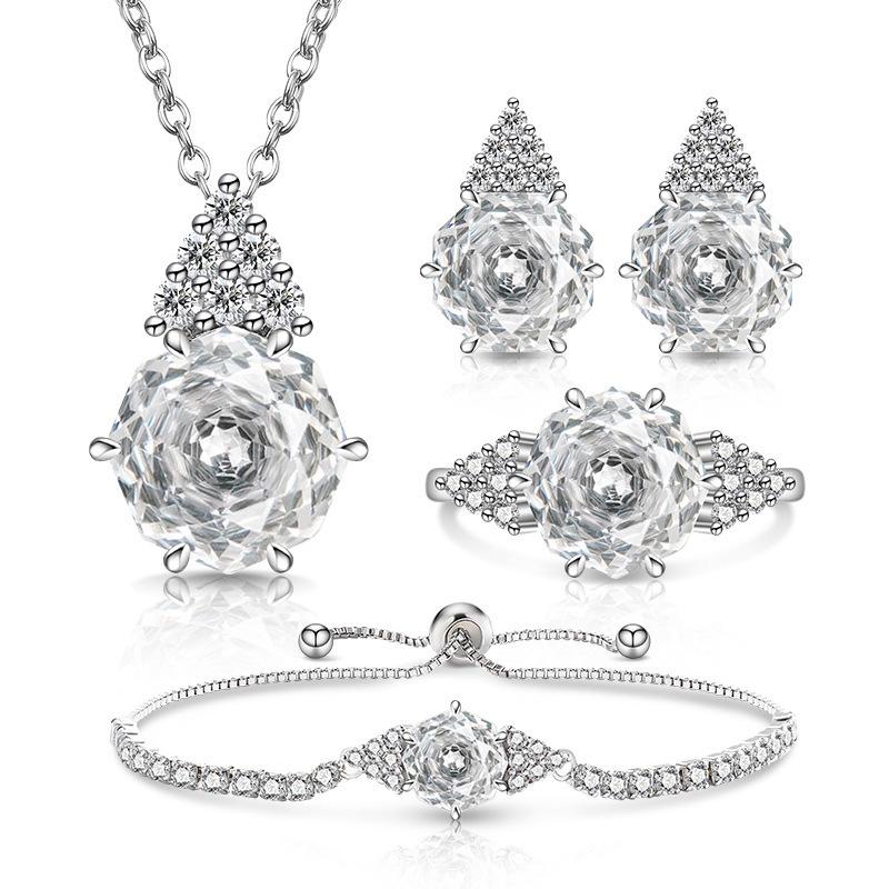 

925 Sterling Silver Romantic Elegant Rose Cut Bright High Carbon Diamond Jewelry Set Ladies Wedding Anniversary Jewelry One size белый