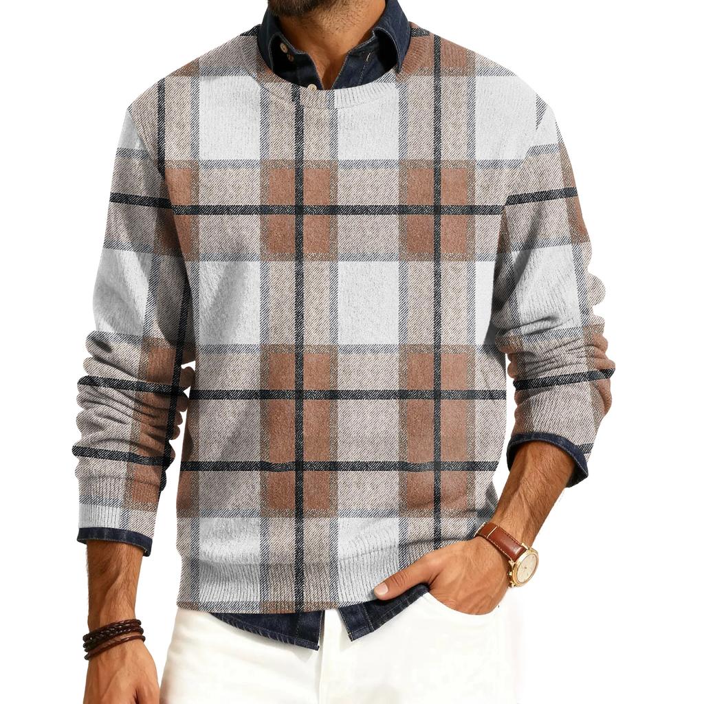 Męski sweter z okrągłym dekoltem, długim rękawem i prążkowanej dzianiny