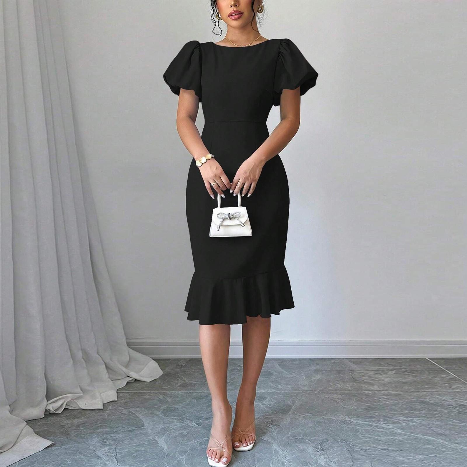 

Женское модное однотонное платье с круглым вырезом и короткими рукавами, с оборками, сексуальное, элегантное, с рыбьим хвостом L