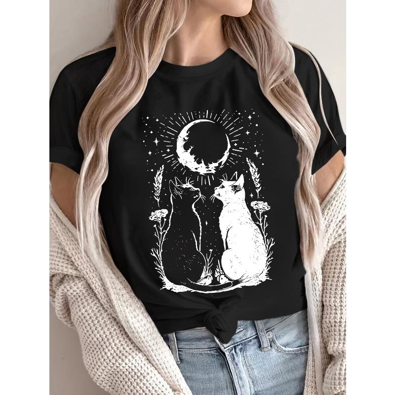 

European sizes Relaxed Fit Women s Casual Short-Sleeve T-Shirt | Breathable Fabric, Celestial Cat & Moon Print 4XL