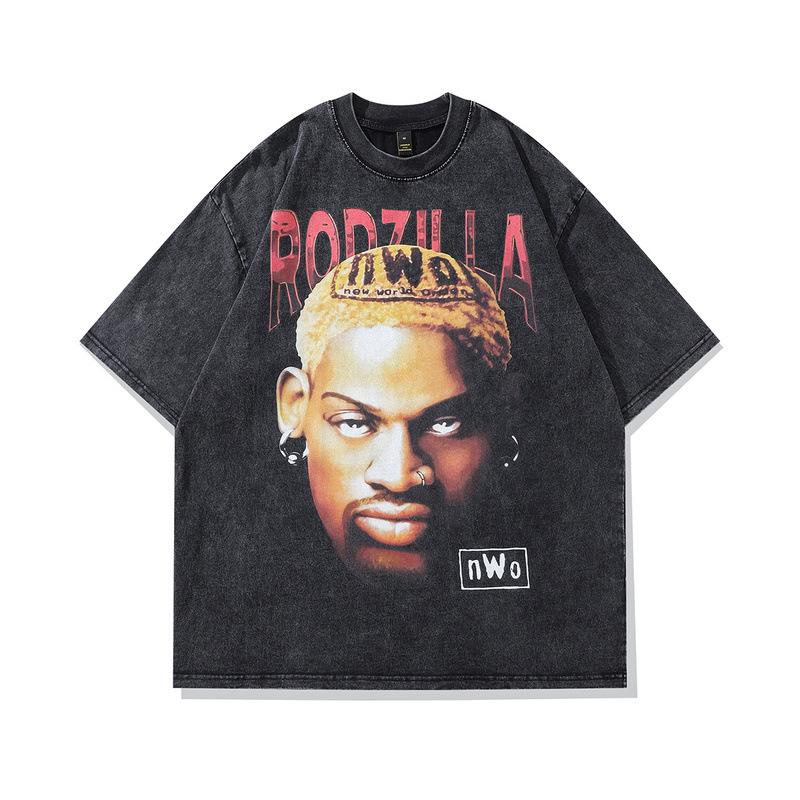 Rodman Portrait Retro Washed Old Short-Sleeved T-Shirt Men'S And Women'S American Street Hiphop Half-Sleeved Tee