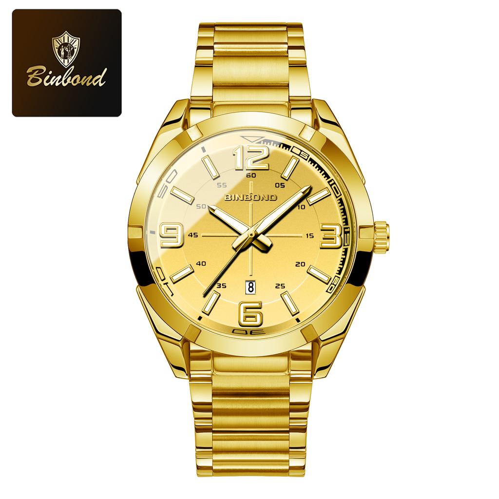BINBOND Fashion Business Men Watches Stainless Steel Trend Week Calendar Quartz Watch Luminous Waterproof Quartz Watch for Men