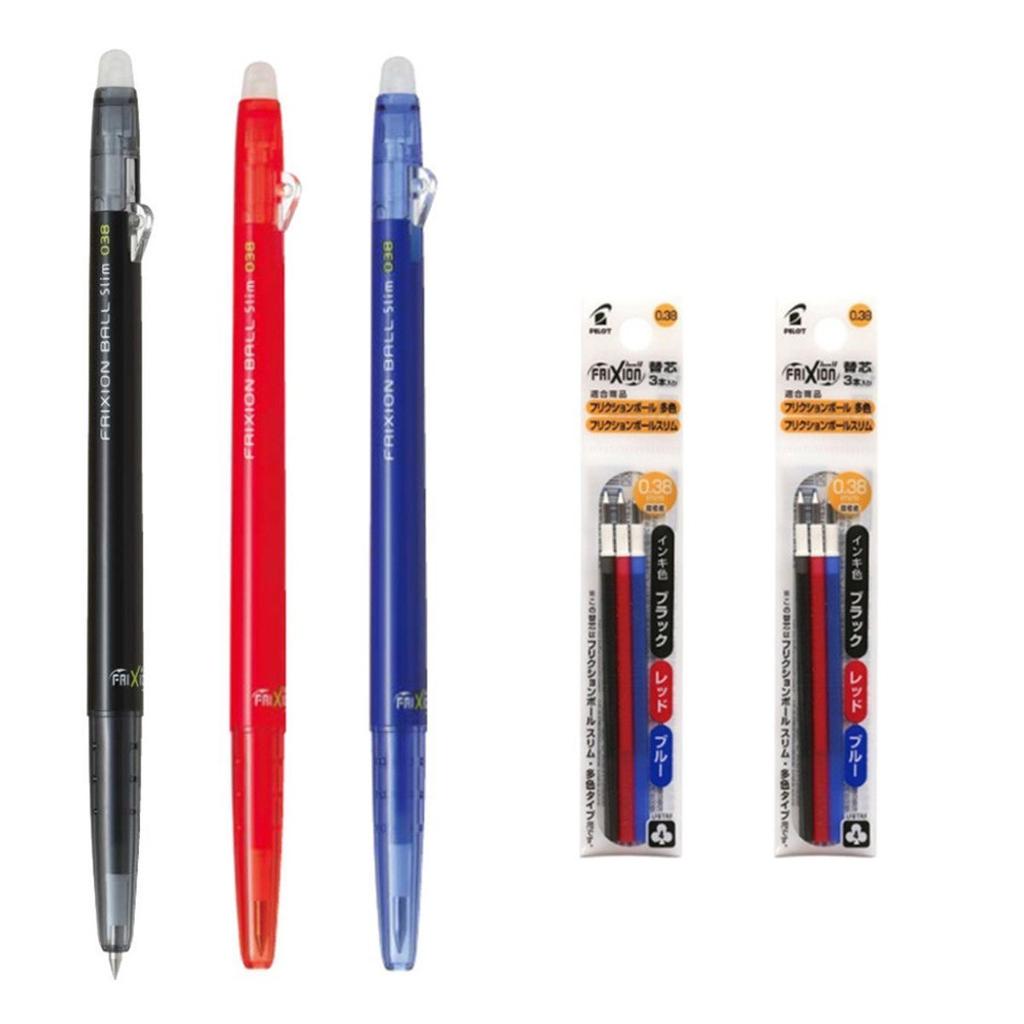 Pilot Frixion Ball Slim 038 Retractable Erasable Gel Ink Extra Fine 3 Pens 6 Refills Value Set Pen, 0.38mm, Black/Blue/Red Ink, &