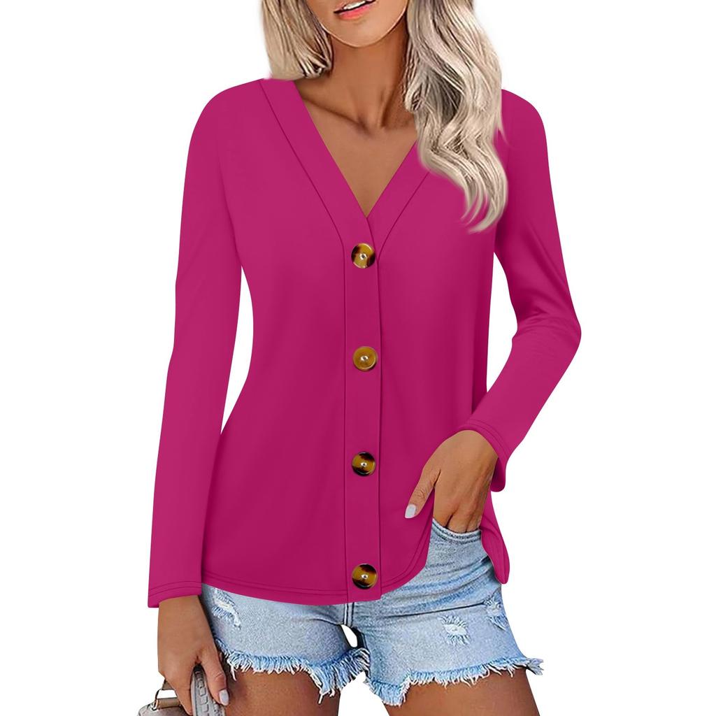 Women's Fashion Casual Solid Color Button-down Shirt Long Sleeve Tops
