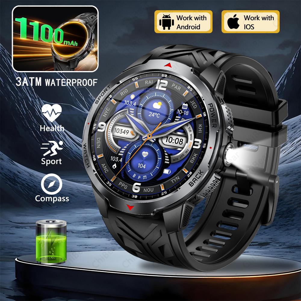 

Smart Watch Men Compass 1100mAh Large Battery LED Flashlight 3ATM Waterproof Bluetooth Call Heart Rate Sports Smartwatch New 1100 Large capacity чёрный