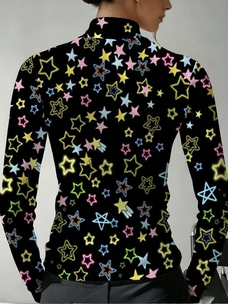 Neon Star Print Women's Turtleneck Long-sleeved Bottoming Shirt Punk Street Style Stretch Slim T-shirt Spring and Autumn Versatile Pullover