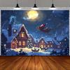 Santa Claus Sled Village Christmas Background with Moon  Snow  and Reindeer - Polyester  No Power Required