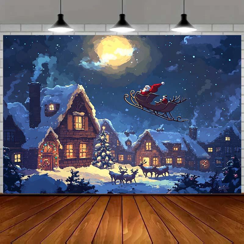 Santa Claus Sled Village Christmas Background with Moon Snow and Reindeer - Polyester No Power Required