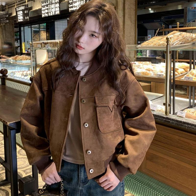 Women S Vintage Suede Short Baseball Jacket Moto Coat