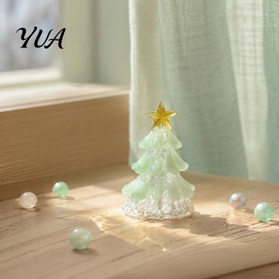 Handcrafted Holiday Keepsake Handmade Glass Christmas Tree Lighted Figurine, Mini Luminous Xmas Small Art Gift Night Light, Tabletop Decoration