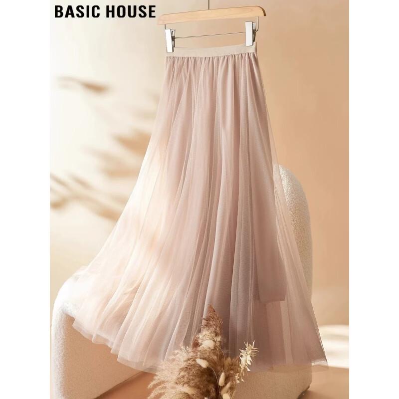 Basic House Women s High-Waist Pleated Mesh A-Line Midi Skirt One Size