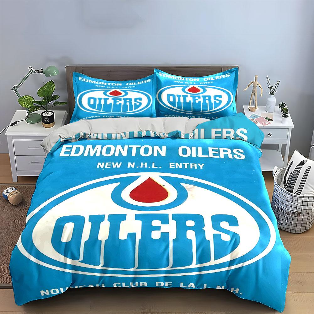 Edmonton Oilers Blue and White Logo Design Print Bedding Set Duvet Cover Pillowcases (1* Duvet Cover 2* Pillowcases Do Not Include Comforter)