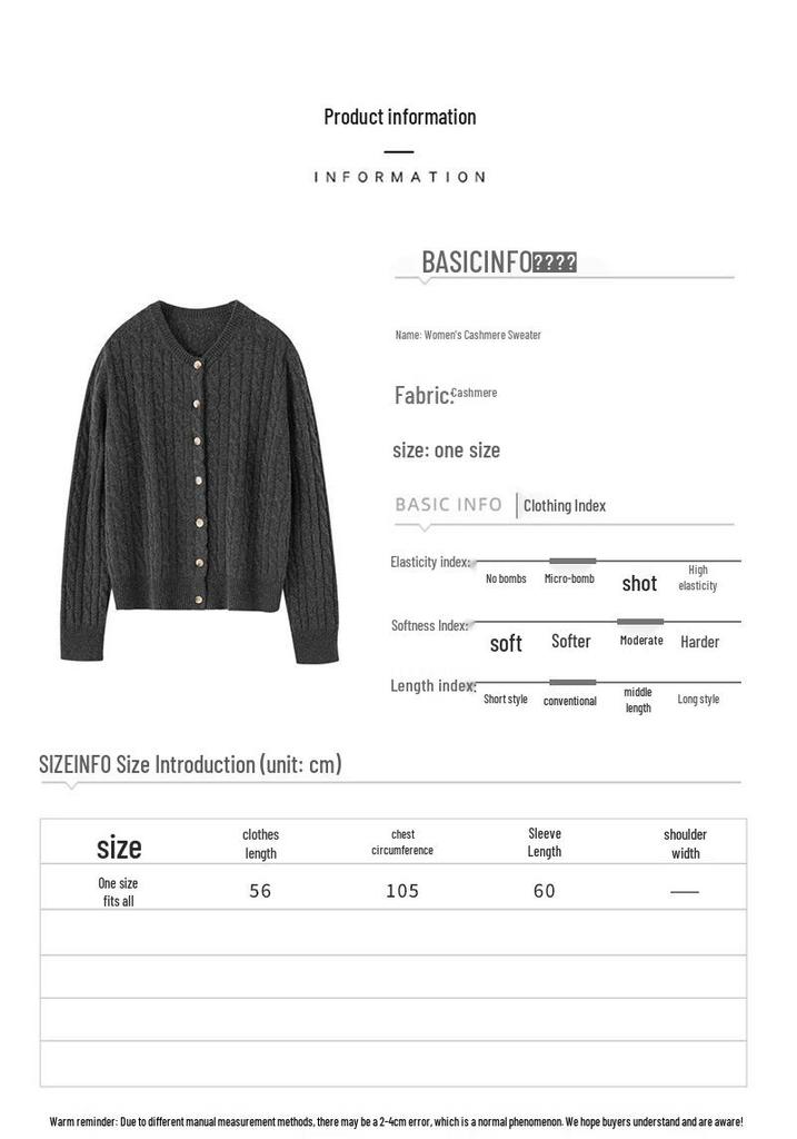 2024 Autumn/Winter Women's Versatile Cable Knit Cashmere Cardigan Sweater