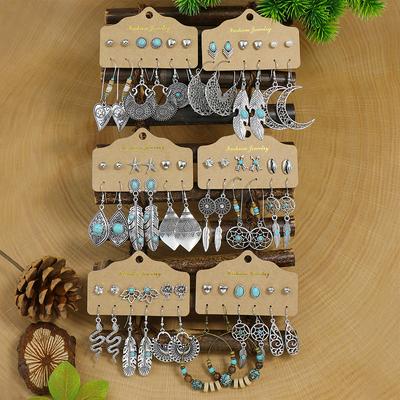 Vintage Fashion Earring Set Silver Plated Turquoise Inlaid Beaded Large Collar Snake Leaf Decoration Party Gifts