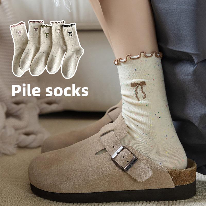 SCIONE Women's Pile Socks Solid Color Cotton Socks Spring and Autumn Yarn Stockings Cute Kapibala Series Ruffled Trim Embroidered Girl Socks